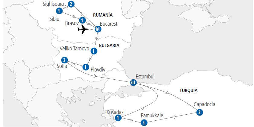 Trayectoria Tour Rumania Bulgaria y Turquía